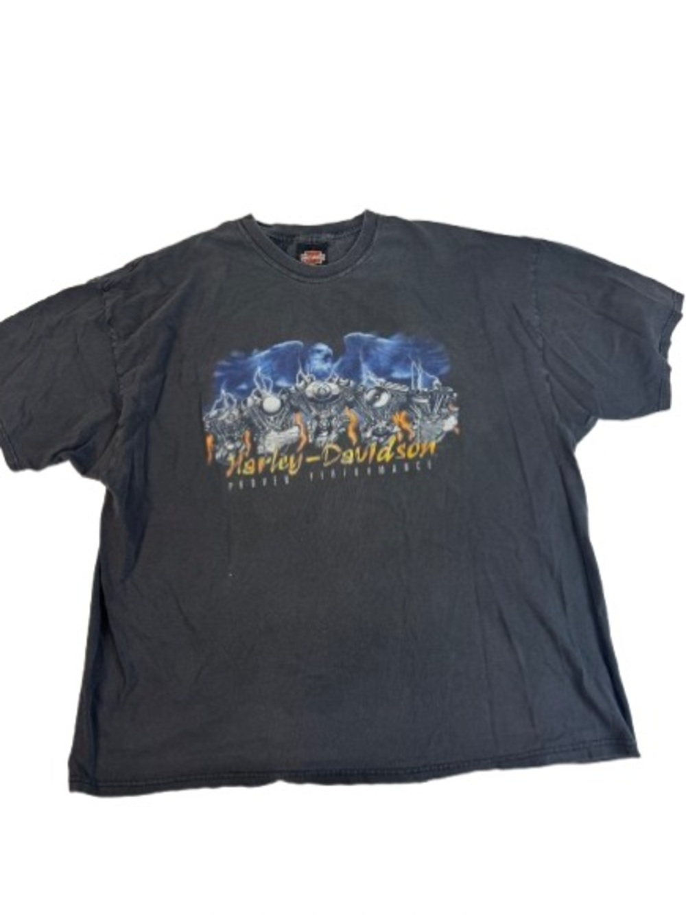 Harley-Davidson Black Tee with Blue and Orange Eagle Motorcycle Graphic